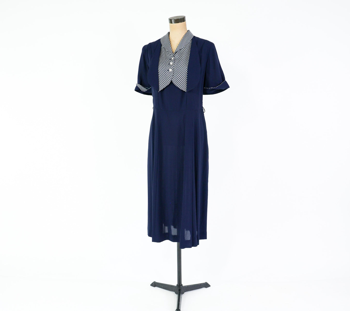 1940s Navy Rayon Crepe Dress with Polka Dot Collar, 36" Waist
