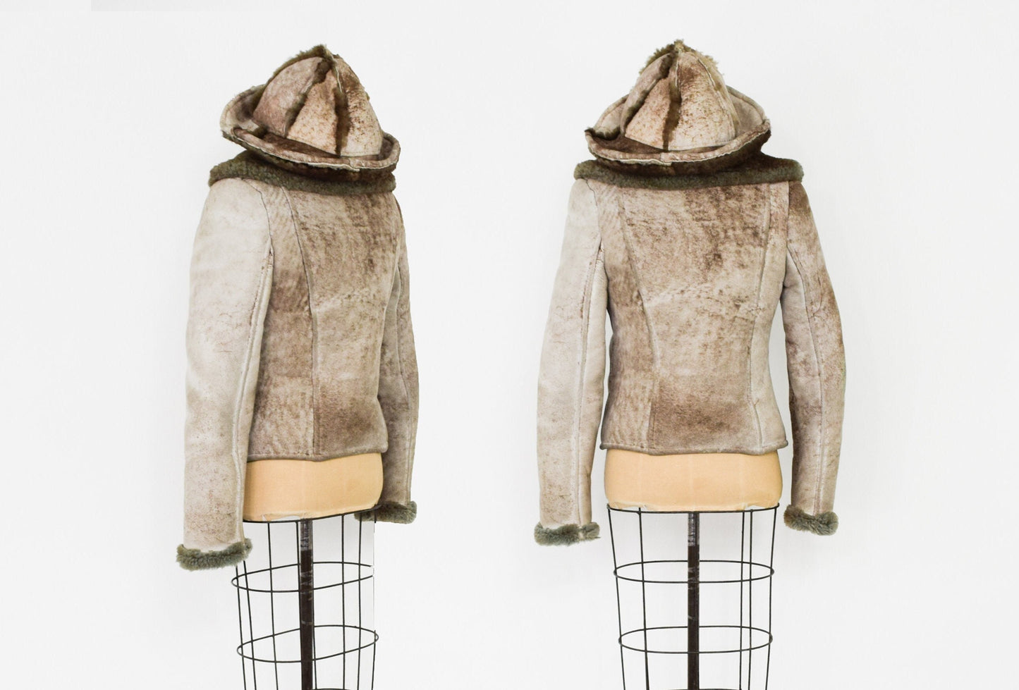Vintage Shearling Coat with Hood, Women's Beige Suede Jacket, 1970s Style