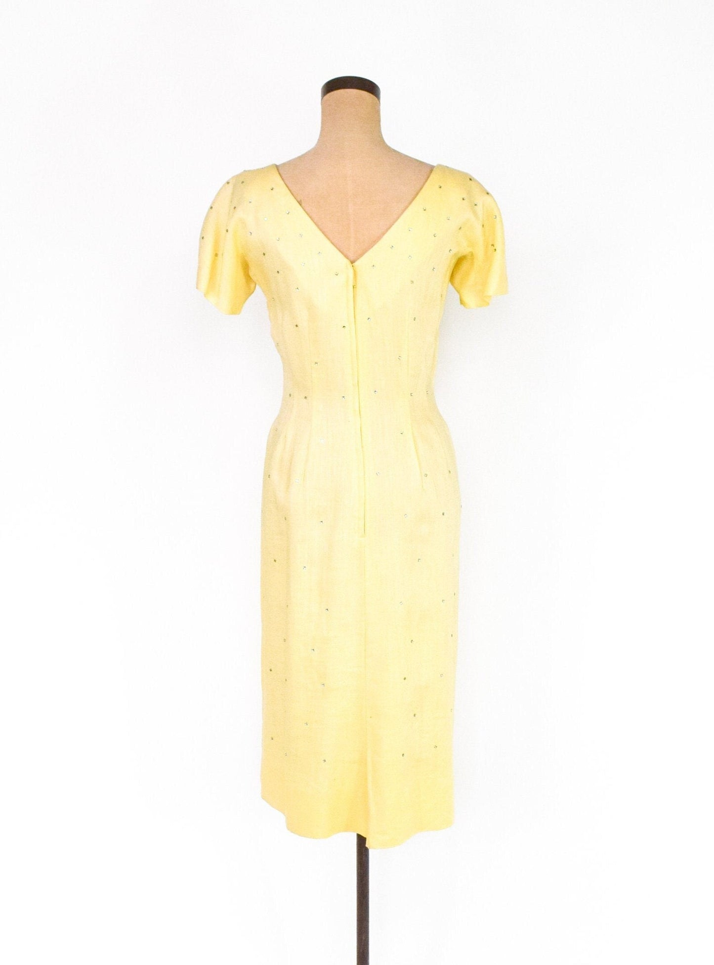1950s Yellow Linen Sheath | 50s Yellow Cocktail Dress, Large