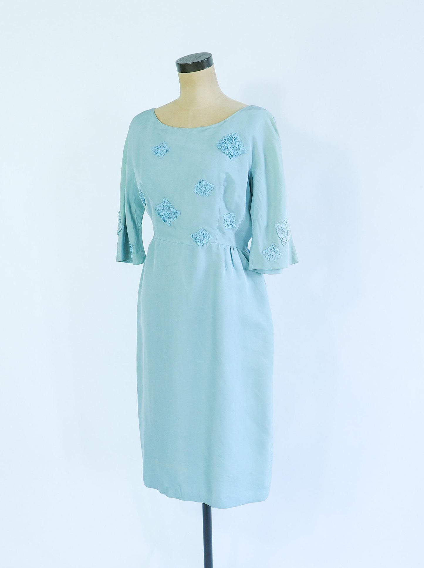 1950s Turquoise Silk Cocktail Dress | Rosette Bodice, Large