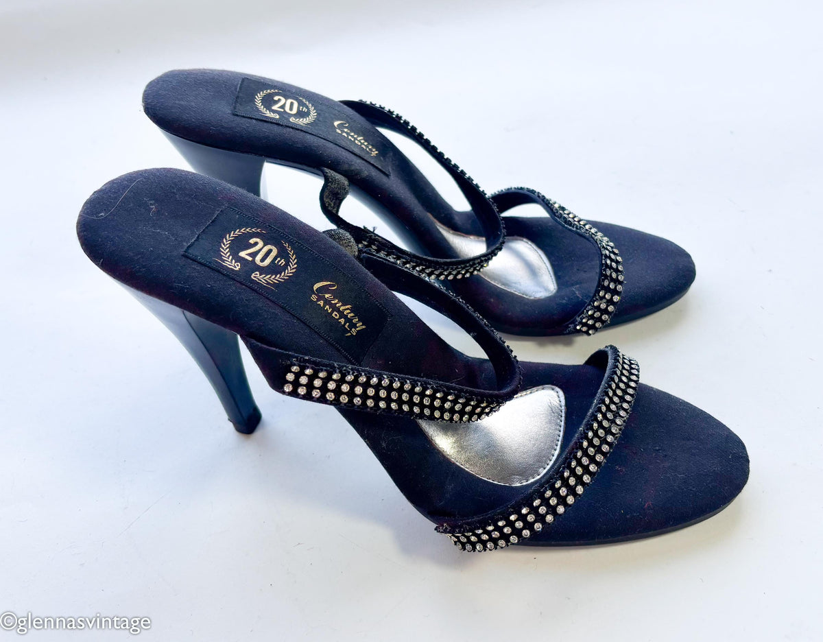 1950s Black Rhinestone Strappy Heels Sandals, US 8
