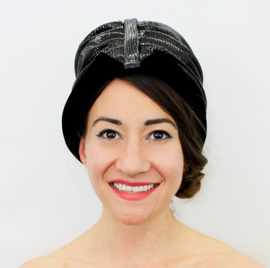 1960s Black Raffia High Crown Hat, Jackie O Style