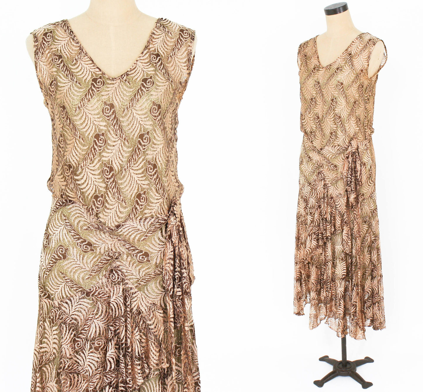 1920s Metallic Gold Lace Evening Dress, Flapper Style, Extra Small