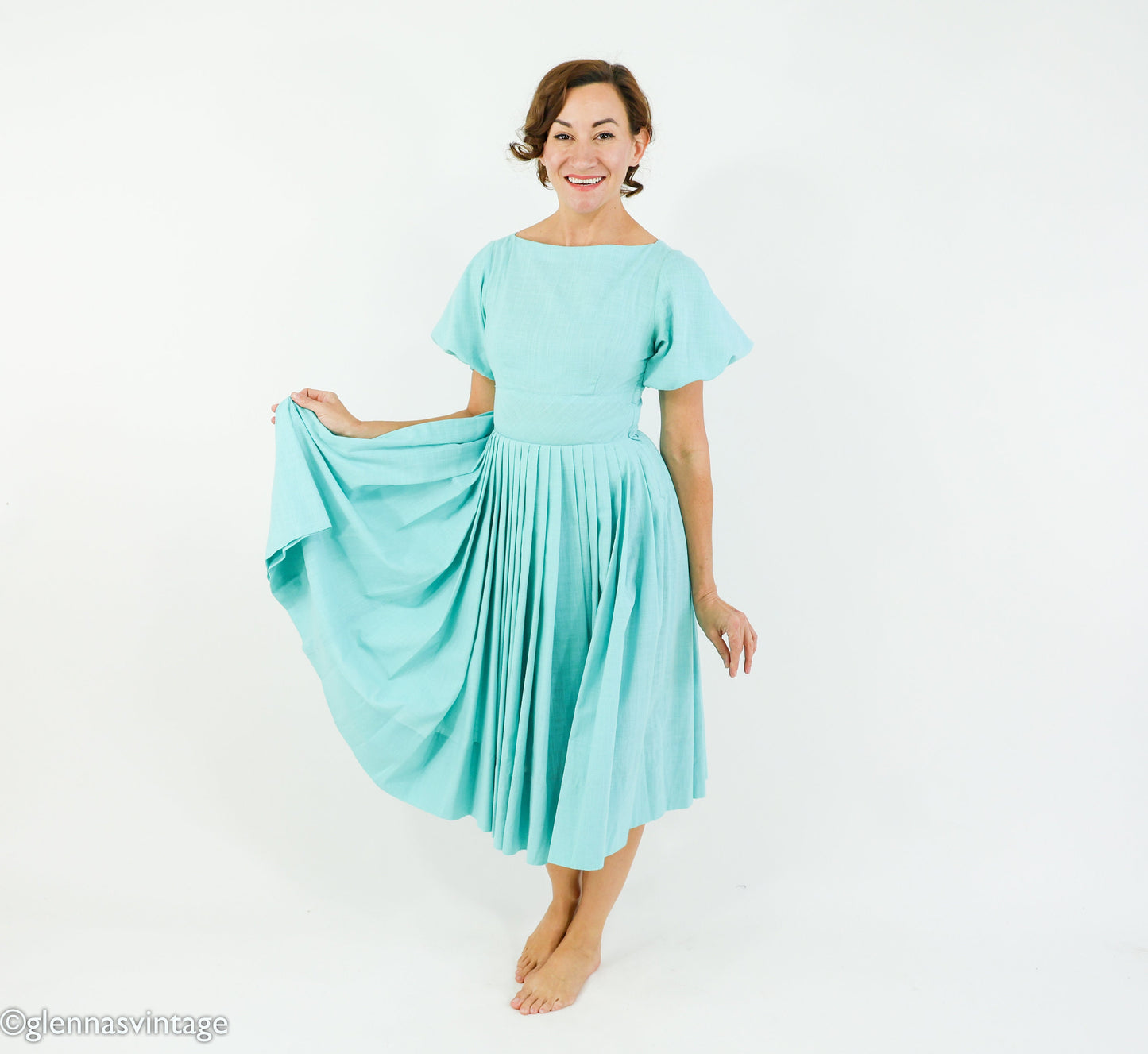 1950s Turquoise Blue Cotton Dress, Extra Small