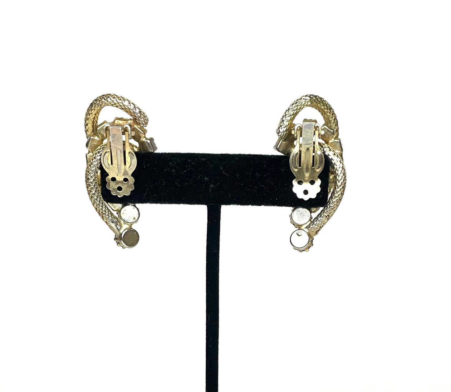 1950s Gold Mesh & Rhinestone Earrings | 50s Aurora Borealis Rhinestone Clip Earrings