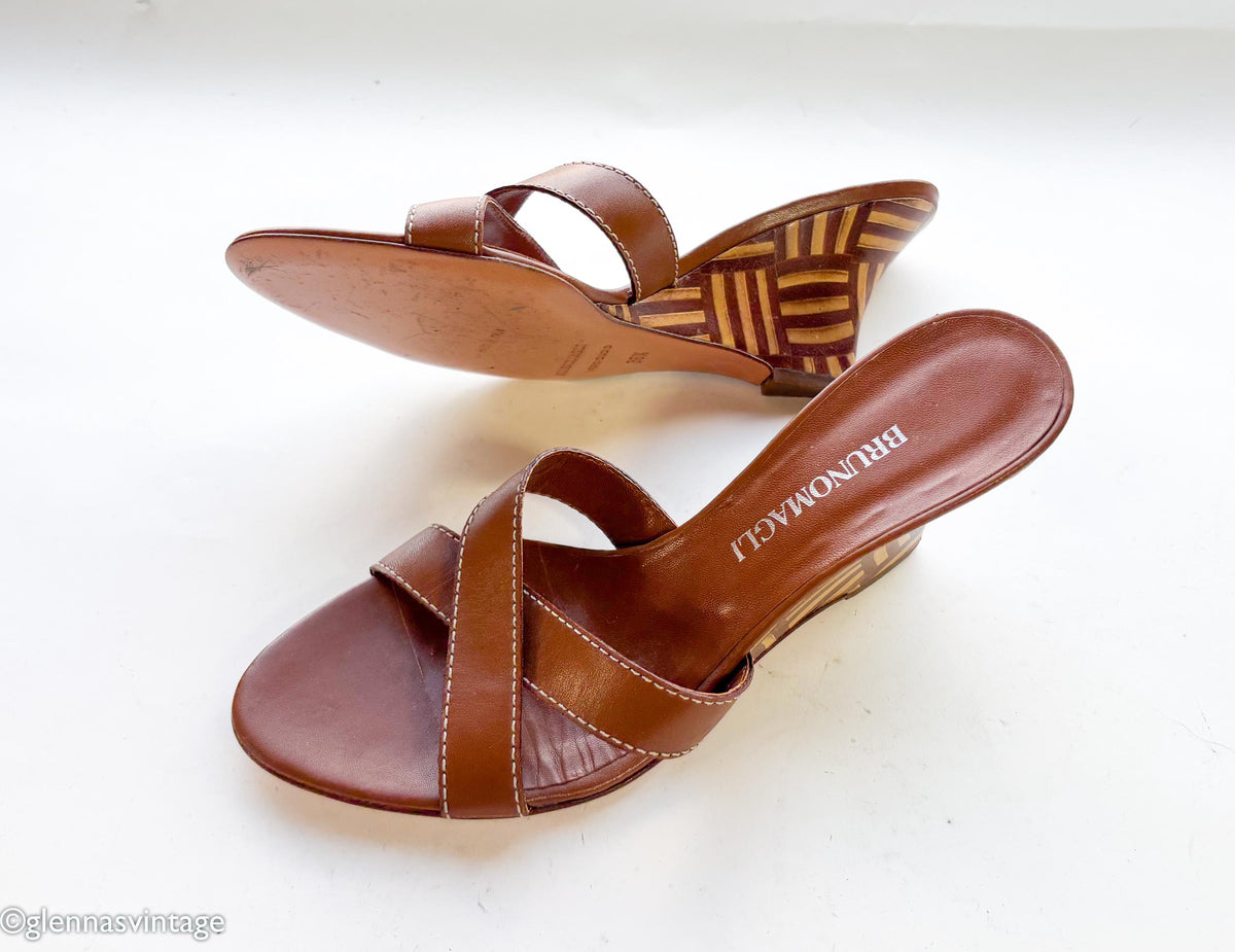 1990s Brown Leather Wedge Sandal Heels, Bruno Magli, US 6, EU 36.5
