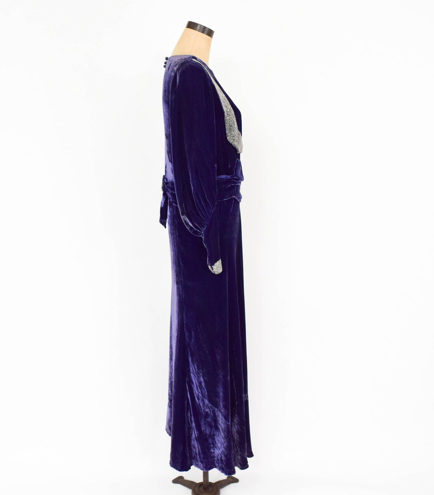 1900s Purple Silk Velvet Gown, Beaded Evening Dress, Medium Large