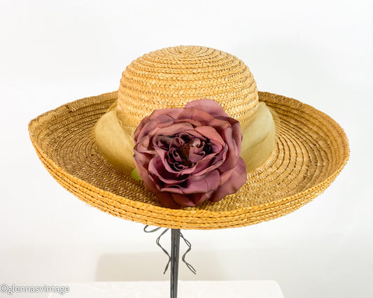 Vintage 90s Straw Hat with Dusty Rose