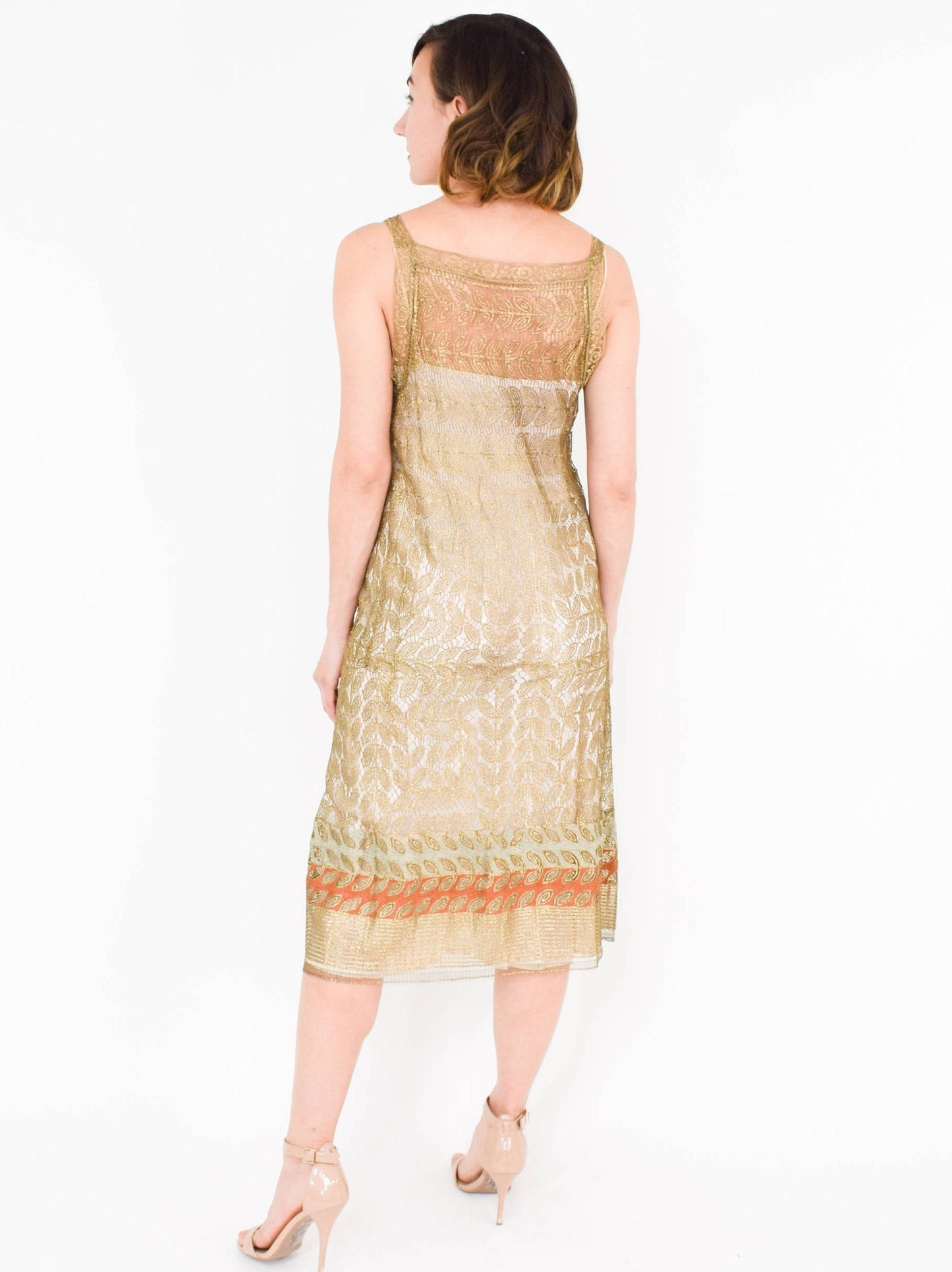 1920s Gold Lace Evening Dress, Gold Metallic Sheath Dress, Medium