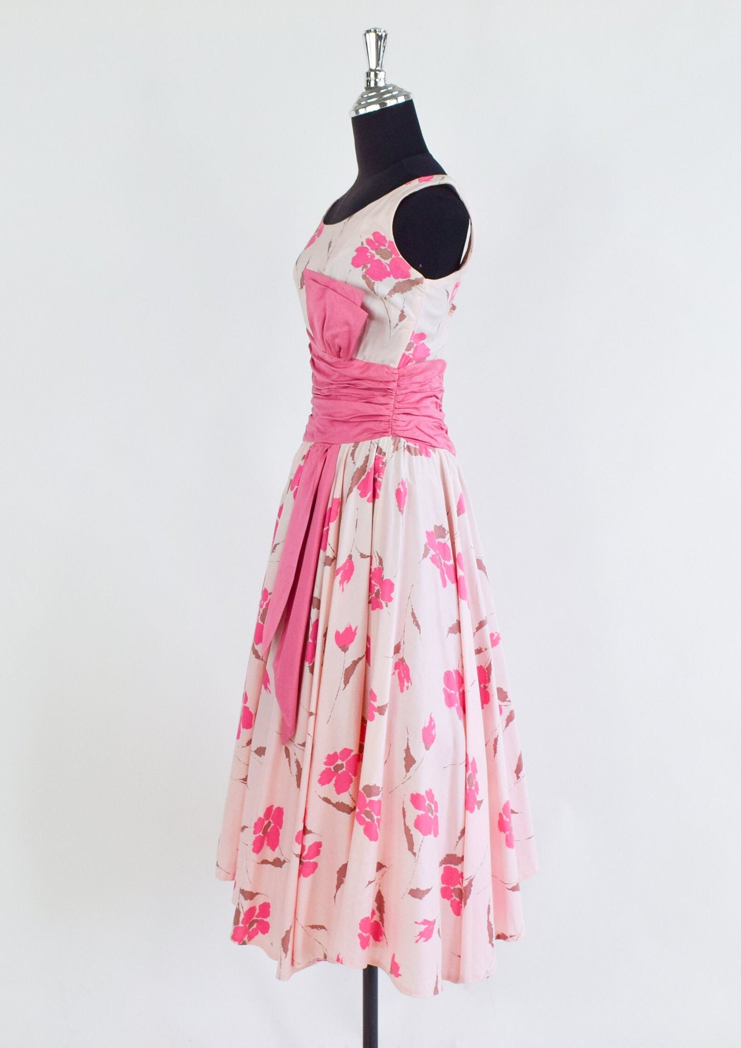 1950s Pink Floral Cotton Party Dress, Small