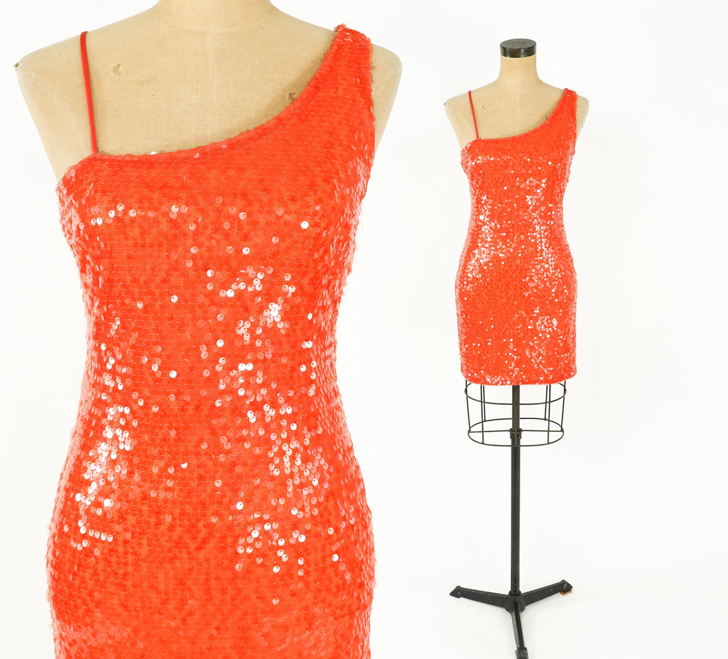 1990s Orange Sequin Mini Dress, One Shoulder Party Dress, Small
