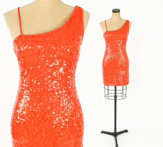 1990s Orange Sequin Mini Dress, One Shoulder Party Dress, Small