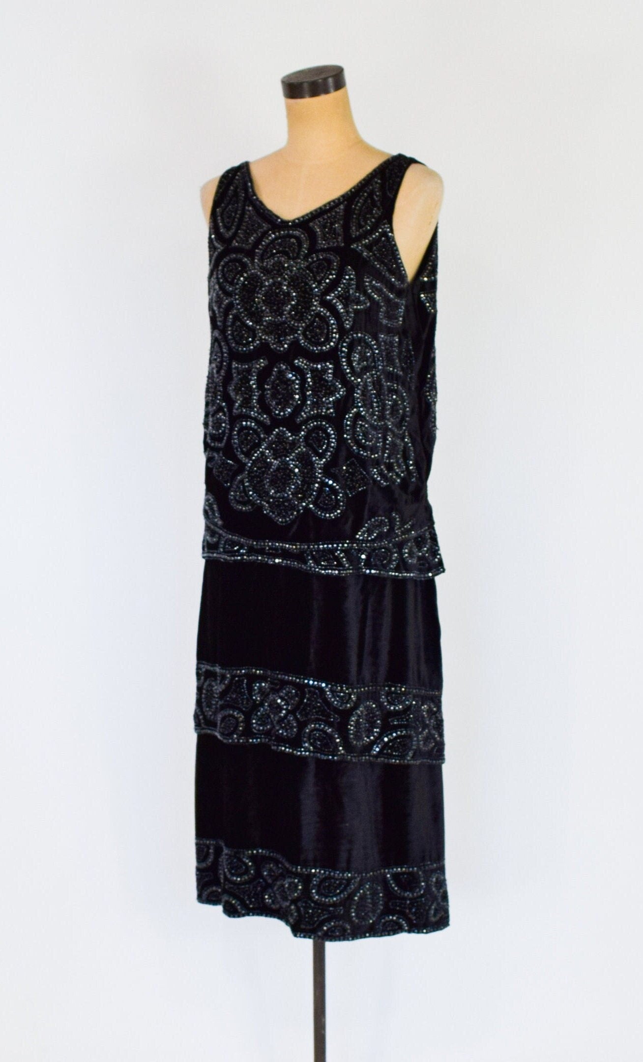 1900s Beaded Black Velvet Evening Set Dress, Downton Abbey, Gatsby