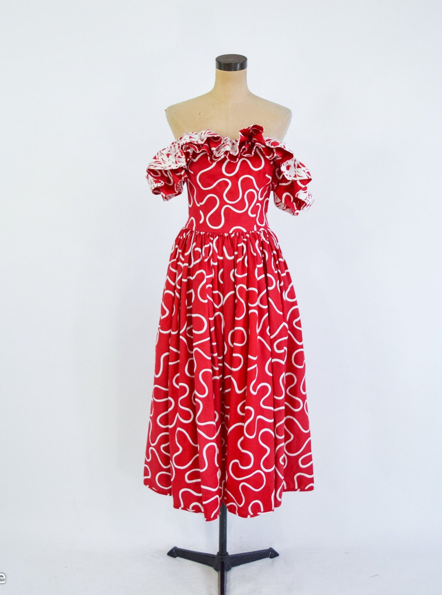 1980s Red & White Cotton Off Shoulder Party Dress