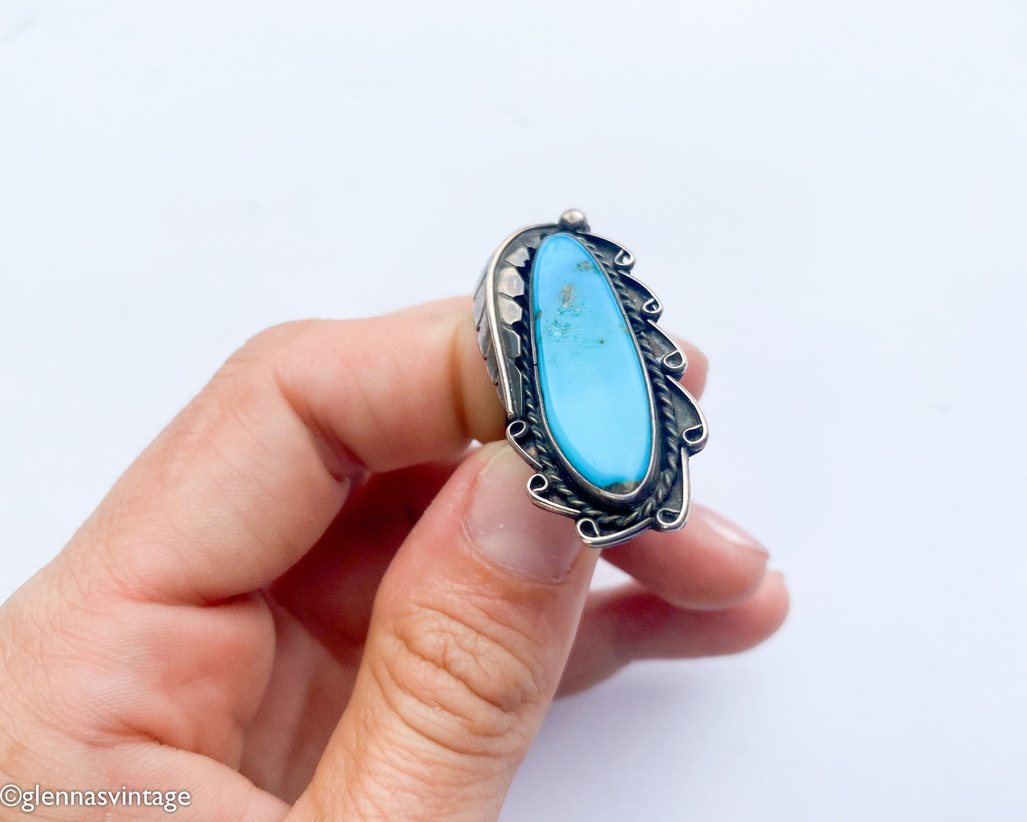 Vintage 1960s Turquoise Sterling Silver Ring | Southwest Feather Design, 6 1/2
