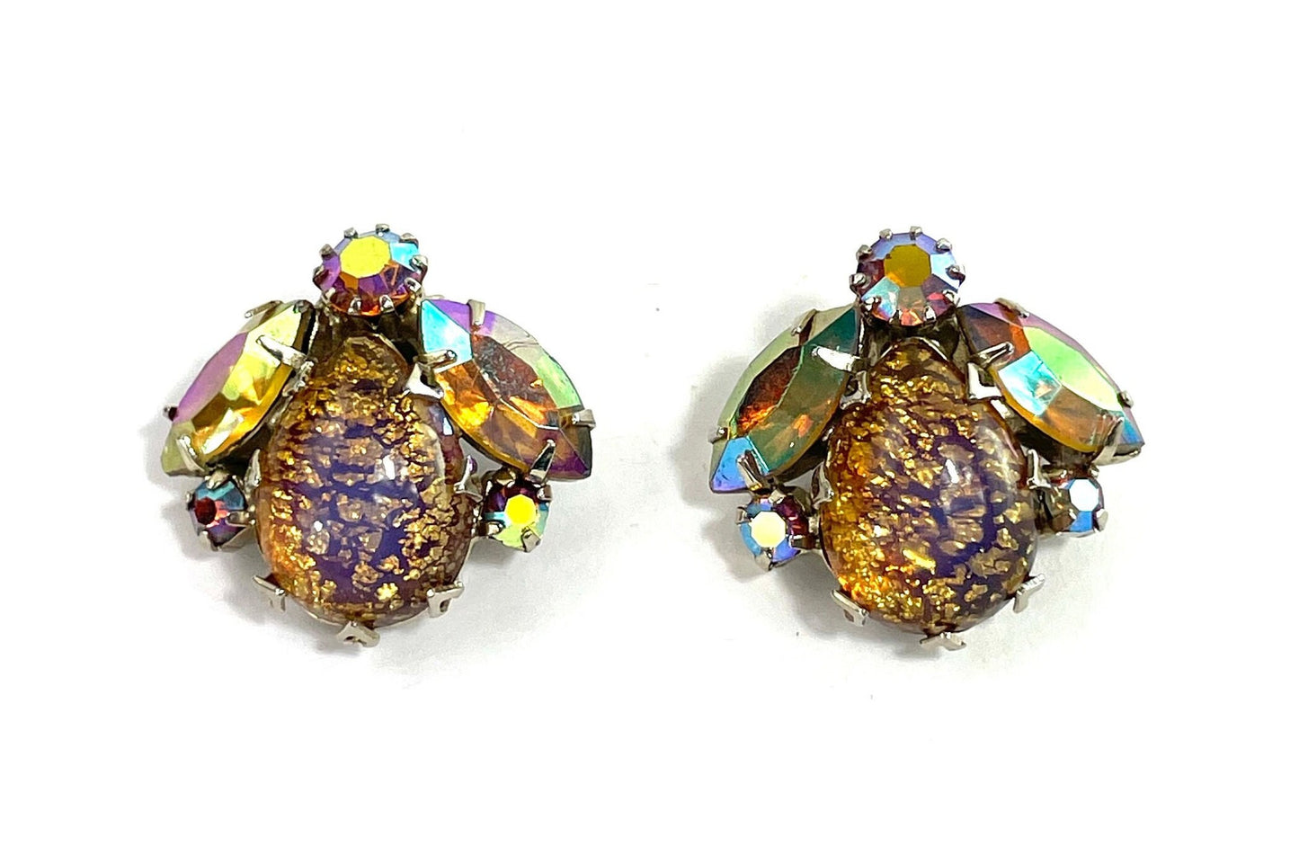 1950s Rhinestone Clip Earrings | Gold Foiled Glass Teardrops