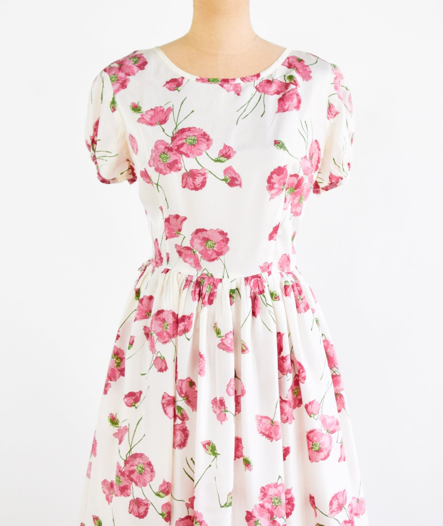 1950s Pink Floral Print Day Dress, Medium