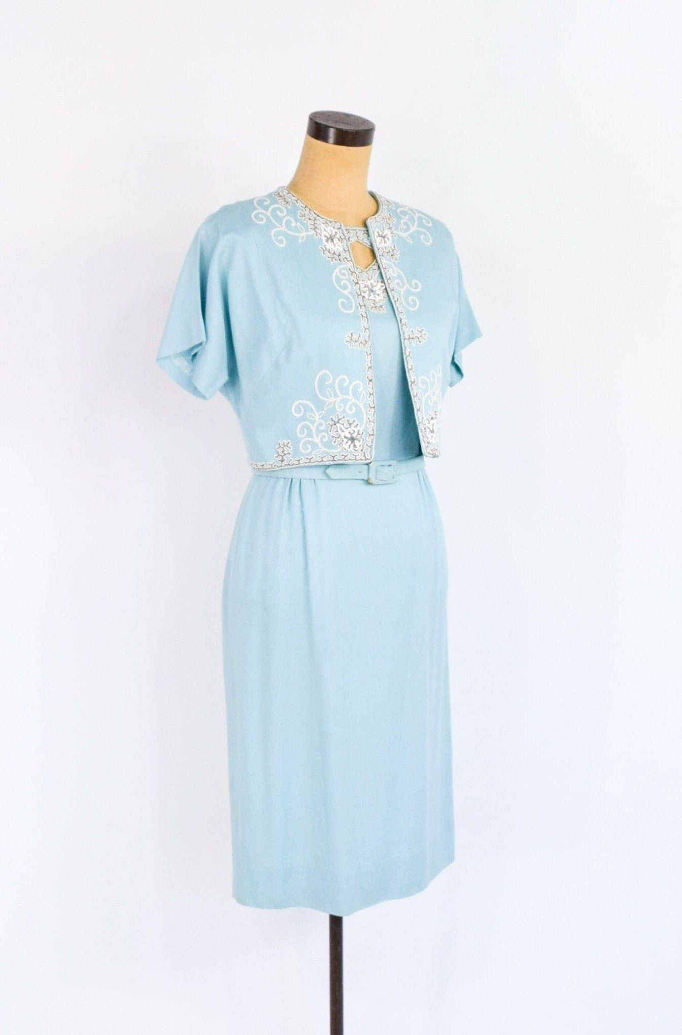 1950s Turquoise Sheath Dress & Beaded Jacket Set