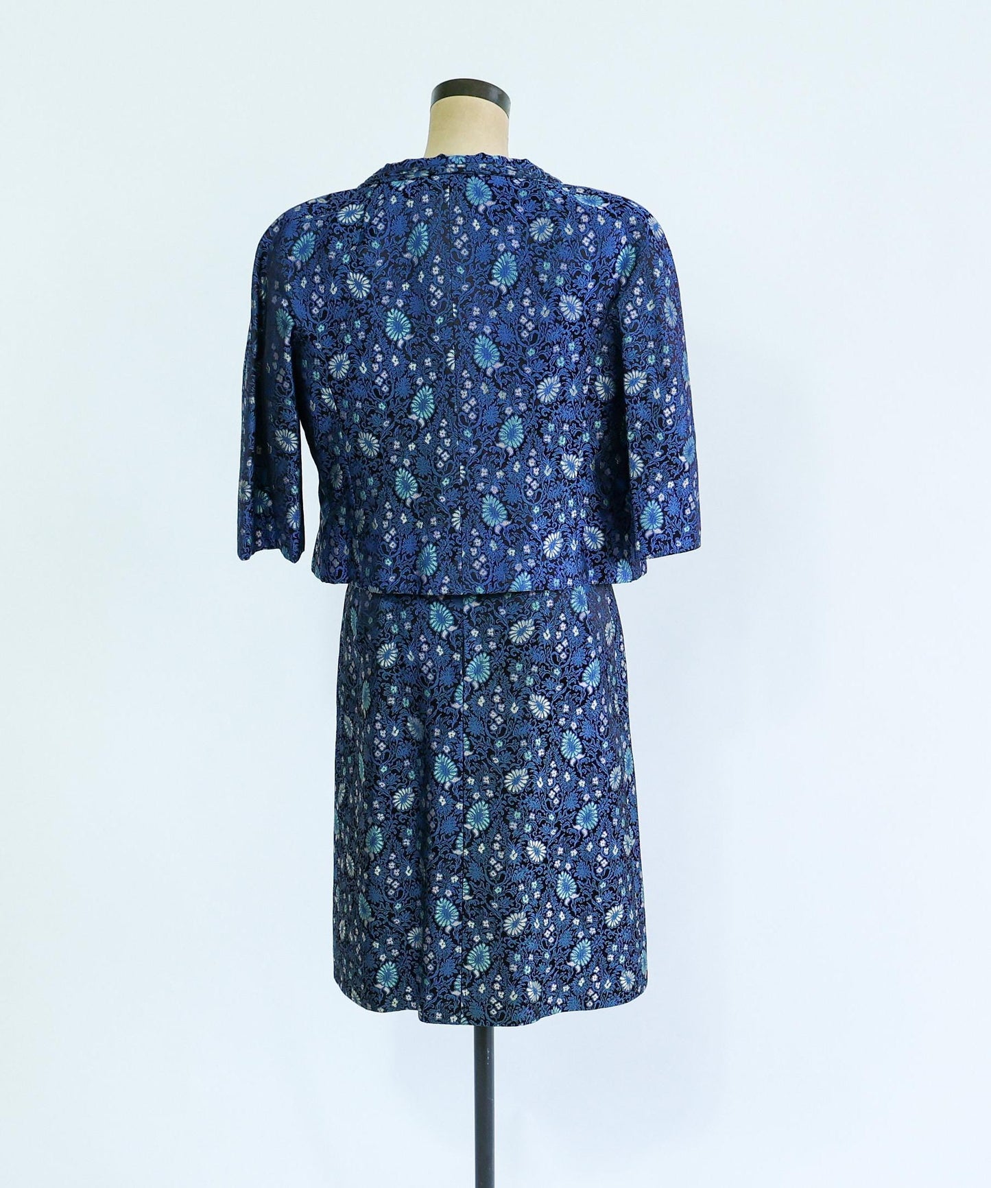 1960s Blue Brocade Dress & Jacket Set | 60s Navy Blue Print Brocade Dress Set | Mary Louise | Small
