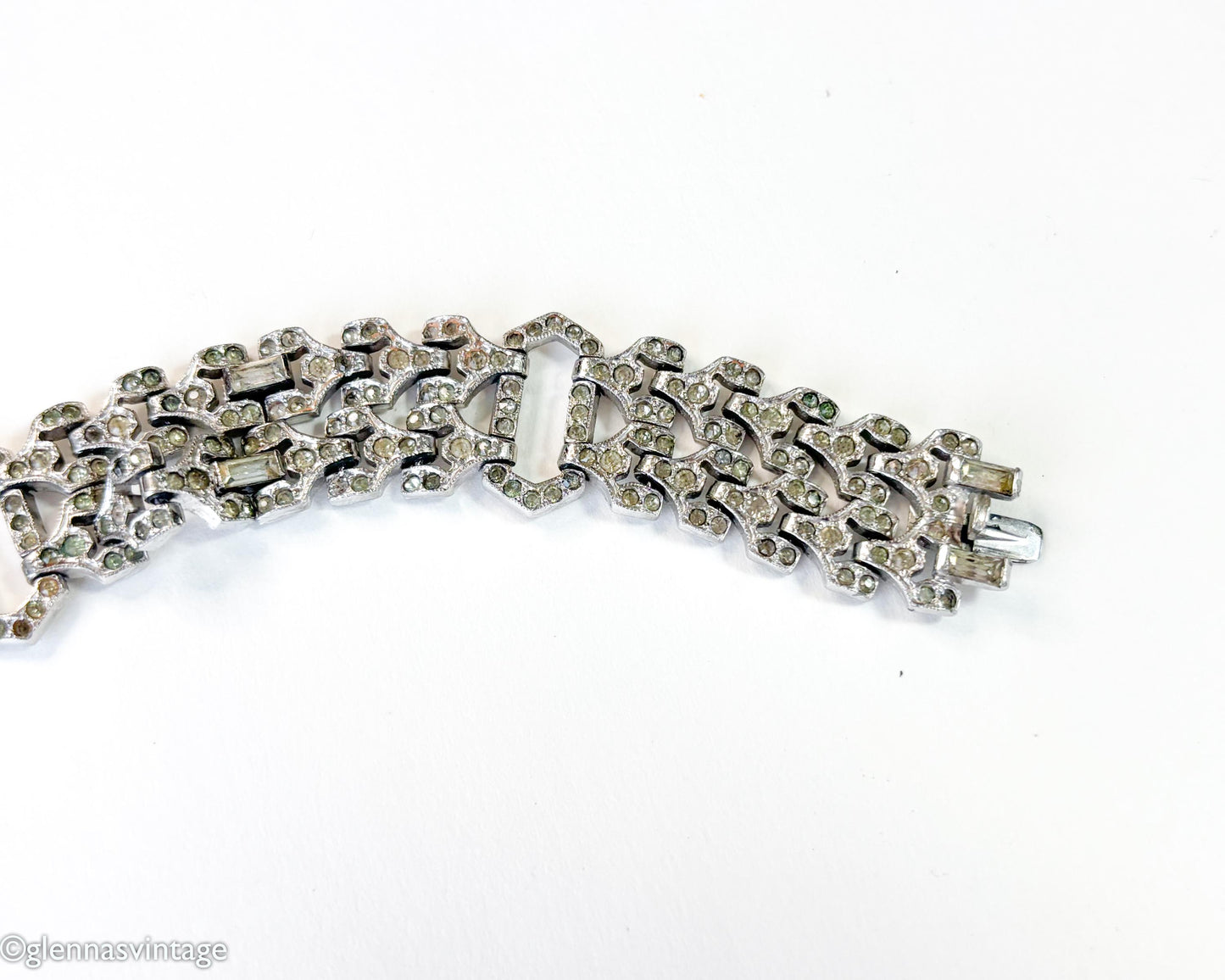 1930s Art Deco Rhinestone Bracelet, Geometric Silver Link Bracelet