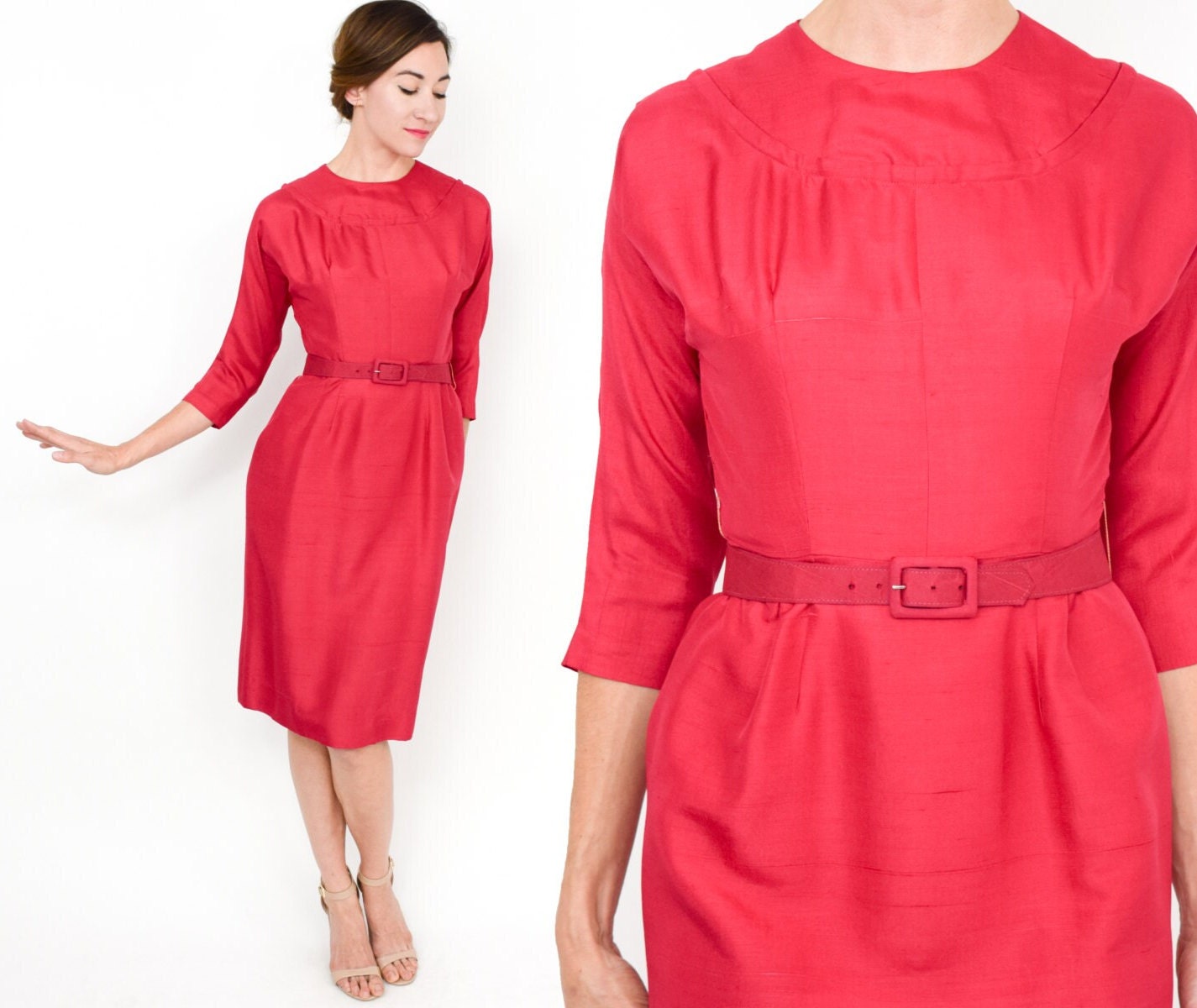 1950s Pink Silk Party Dress | 50s Pink Silk Cocktail Dress | 2 Way Dress & Removable Collar | X Small
