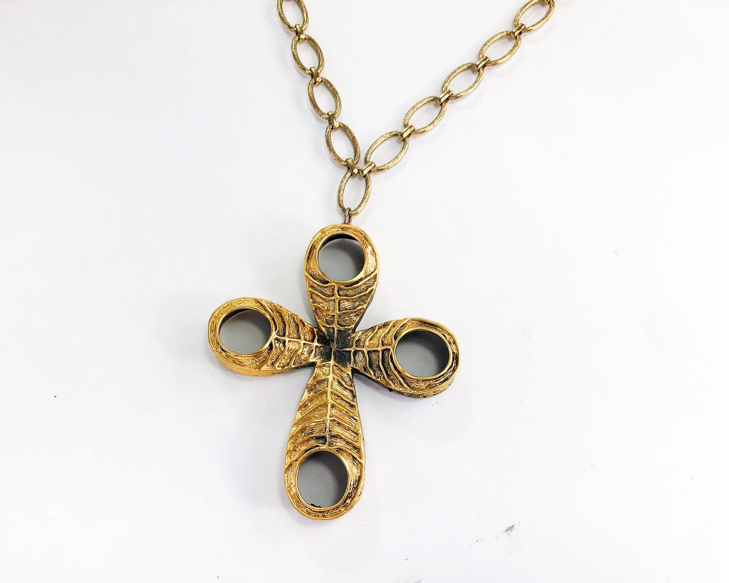 1970s Tortoloni Gold Cross Pendant Necklace | Brushed Metal Boho