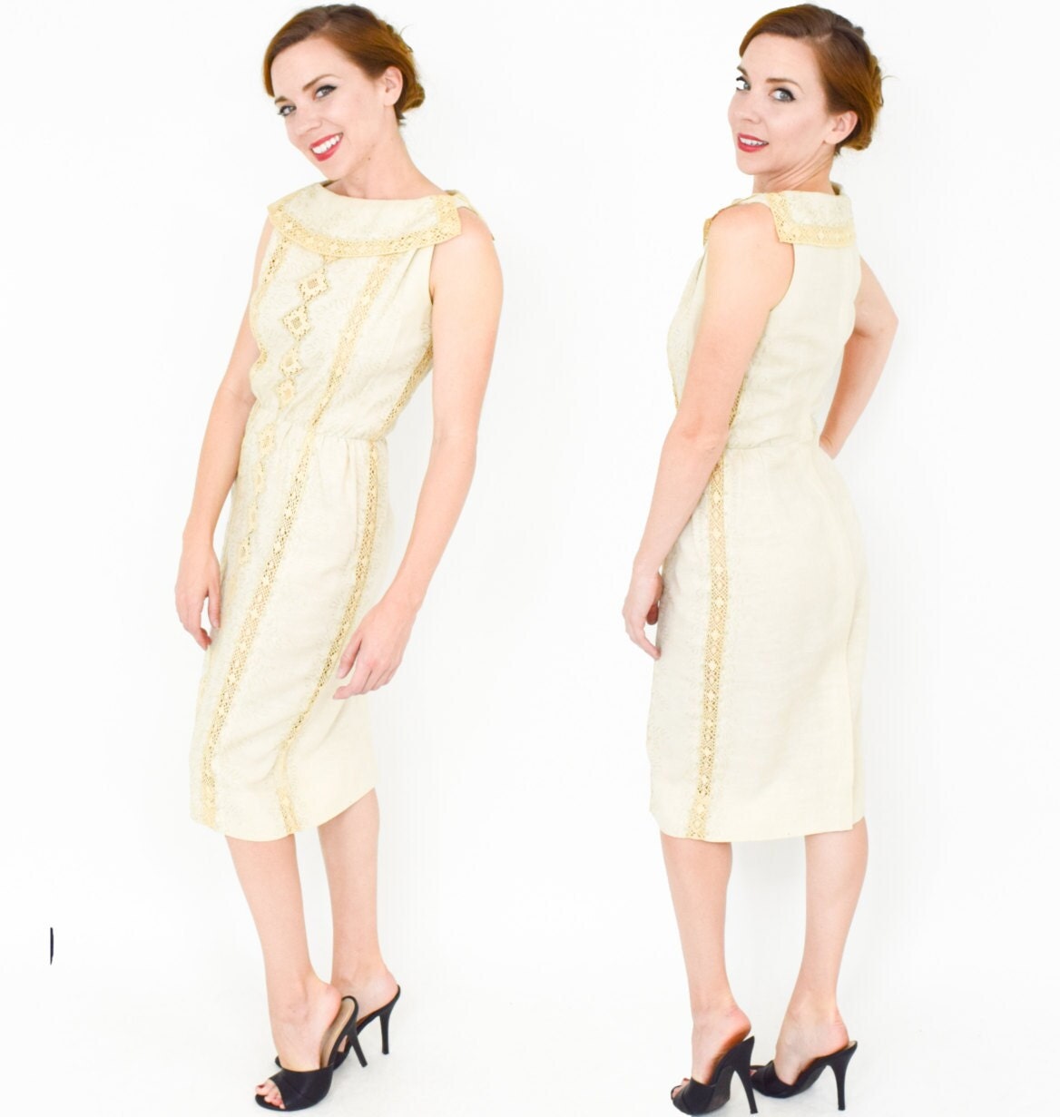 1950s Beige Irish Linen Dress, Medium