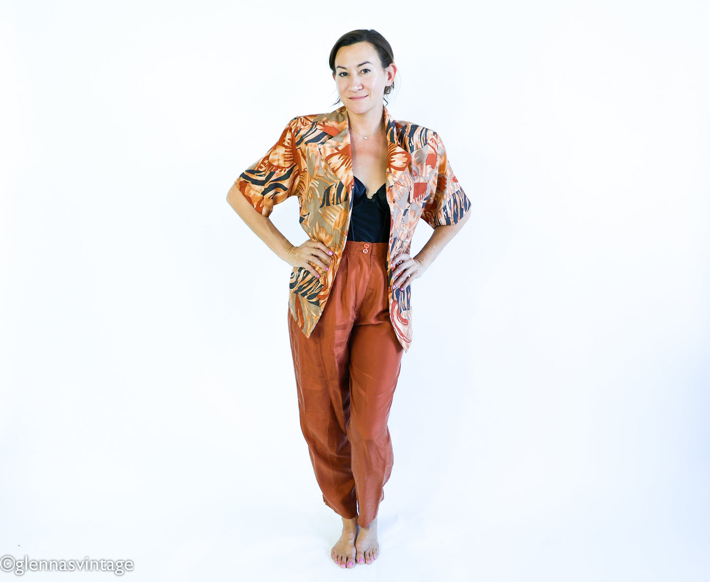 1980s Brown Silk Top Pants Set | 80s Brown Floral Blouse & Slacks | La Chine | Medium