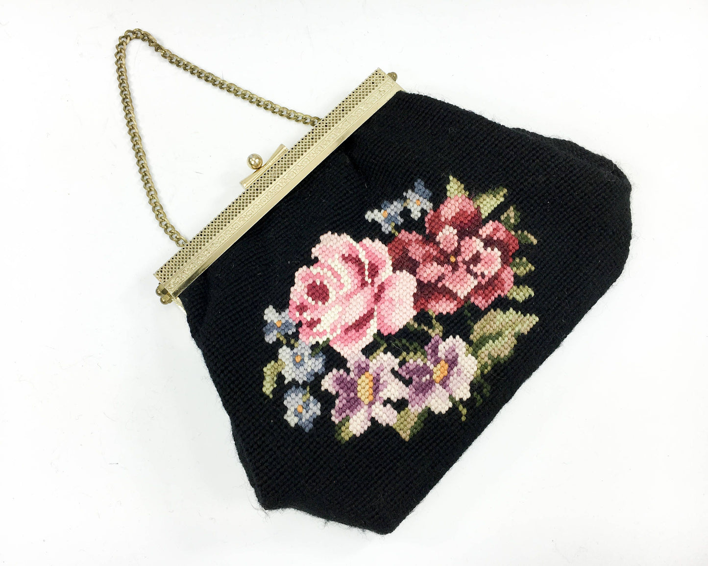 1950s Black Needlepoint Purse | 50s Black Floral Needlepoint Handbag | Pink Rose Needlepoint Bag