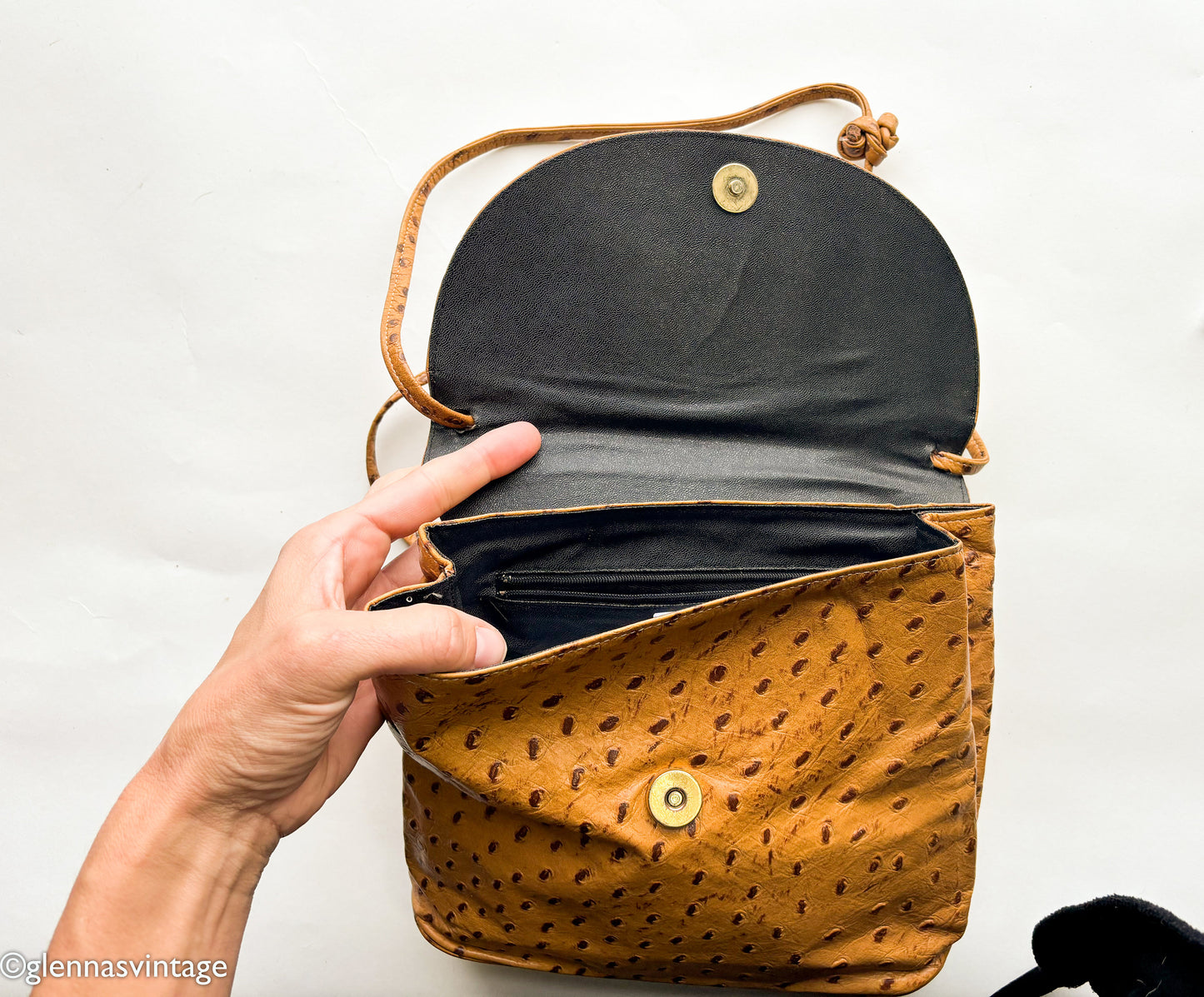 1980s Ostrich Embossed Leather Shoulder Bag | 80s Ostrich Carmel Leather Purse