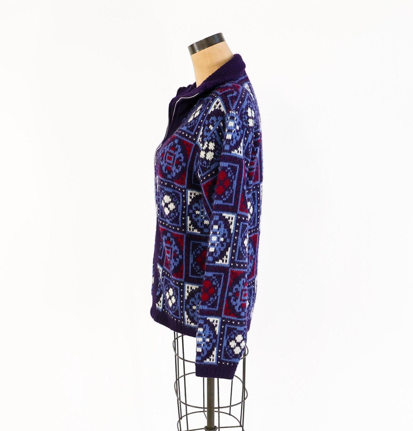 1960s Jantzen Nordic Cardigan Sweater Jacket, Blue & White Knit, Large