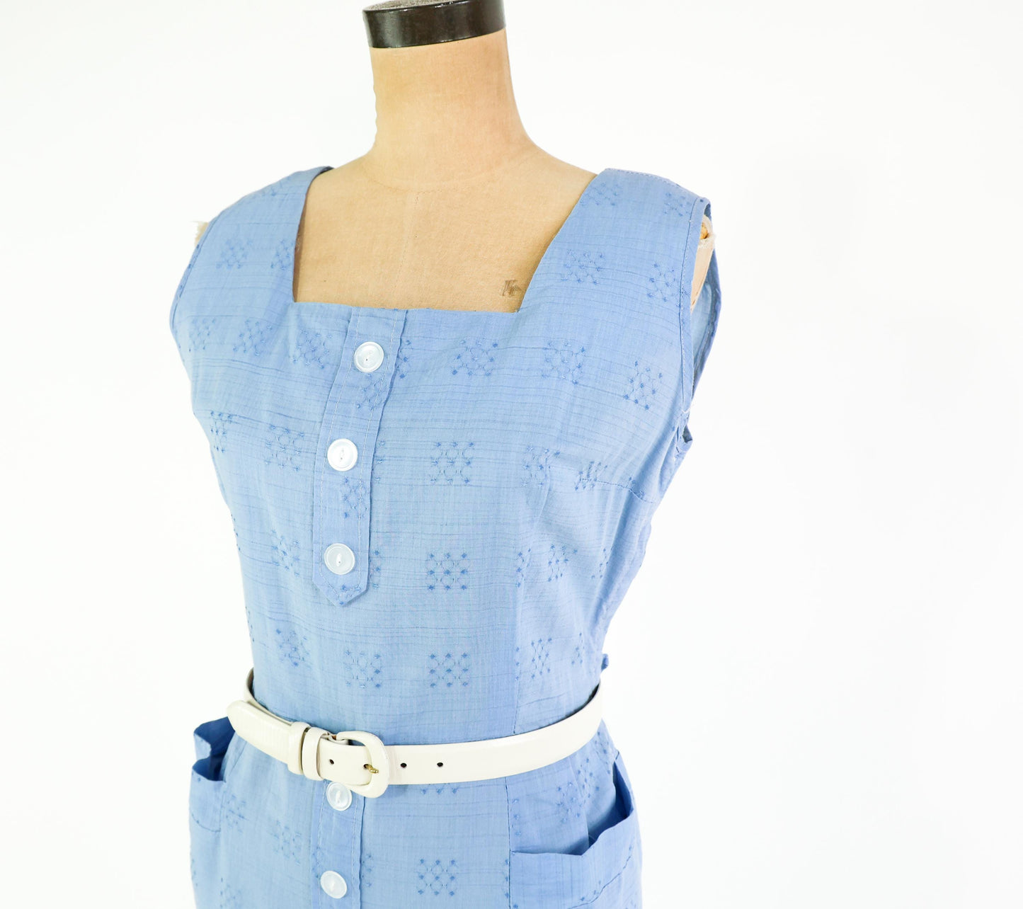 1950s Blue Print Cotton Day Dress, Large