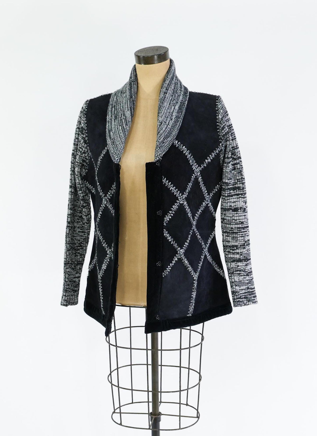 1970s Black Suede Patchwork Knit Jacket with Shawl Collar, Large