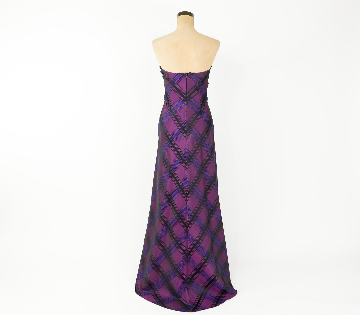 1990s Purple Plaid Taffeta Strapless Dress, Small