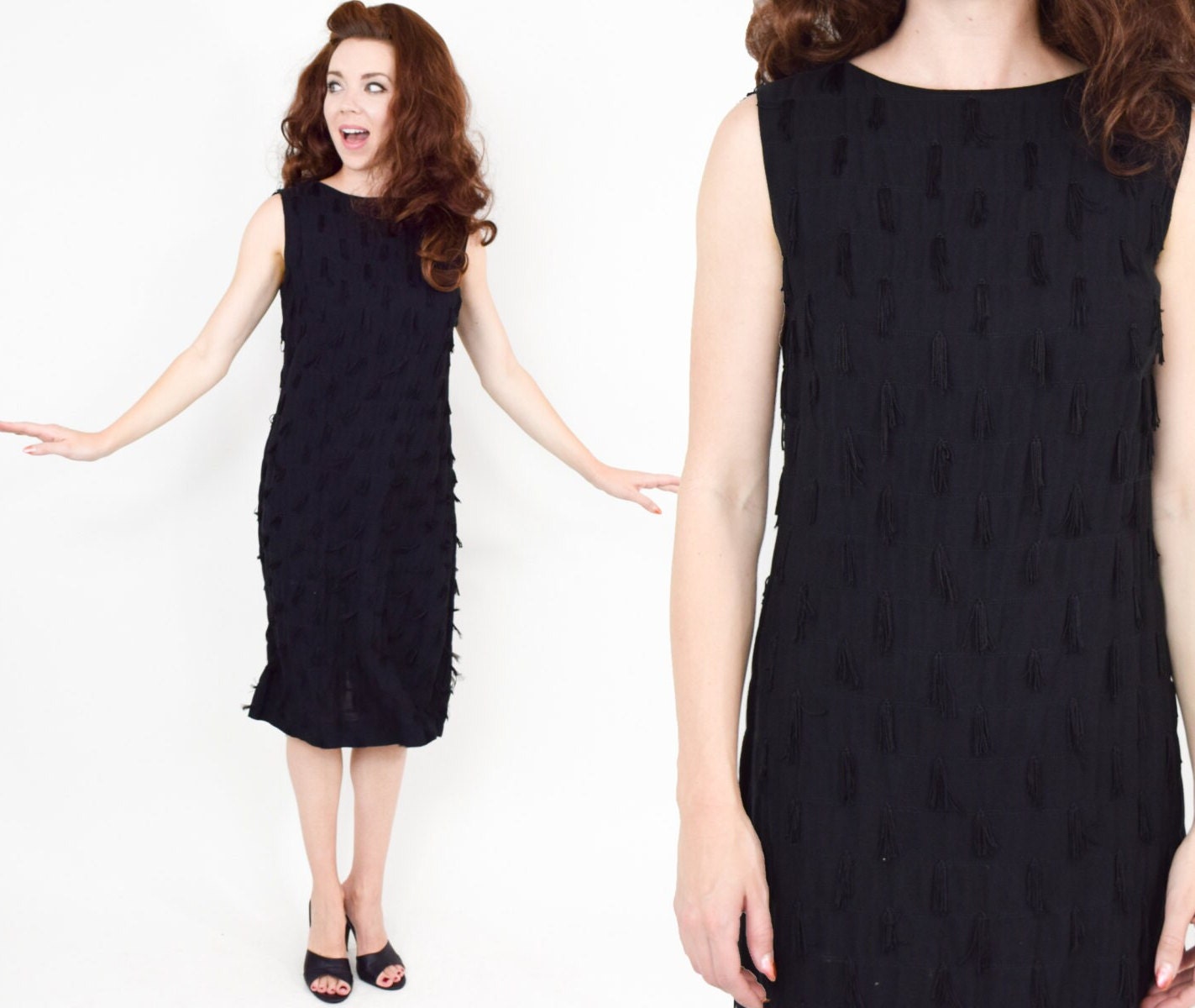 1950s Black Cotton Dress with Fringe, Small