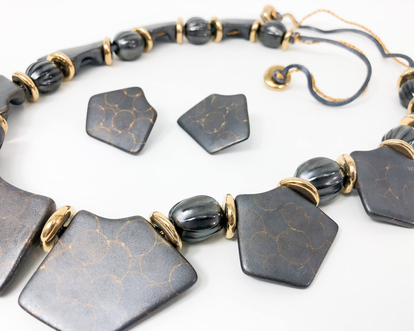 1980s Gray Ceramic Necklace & Earrings Set