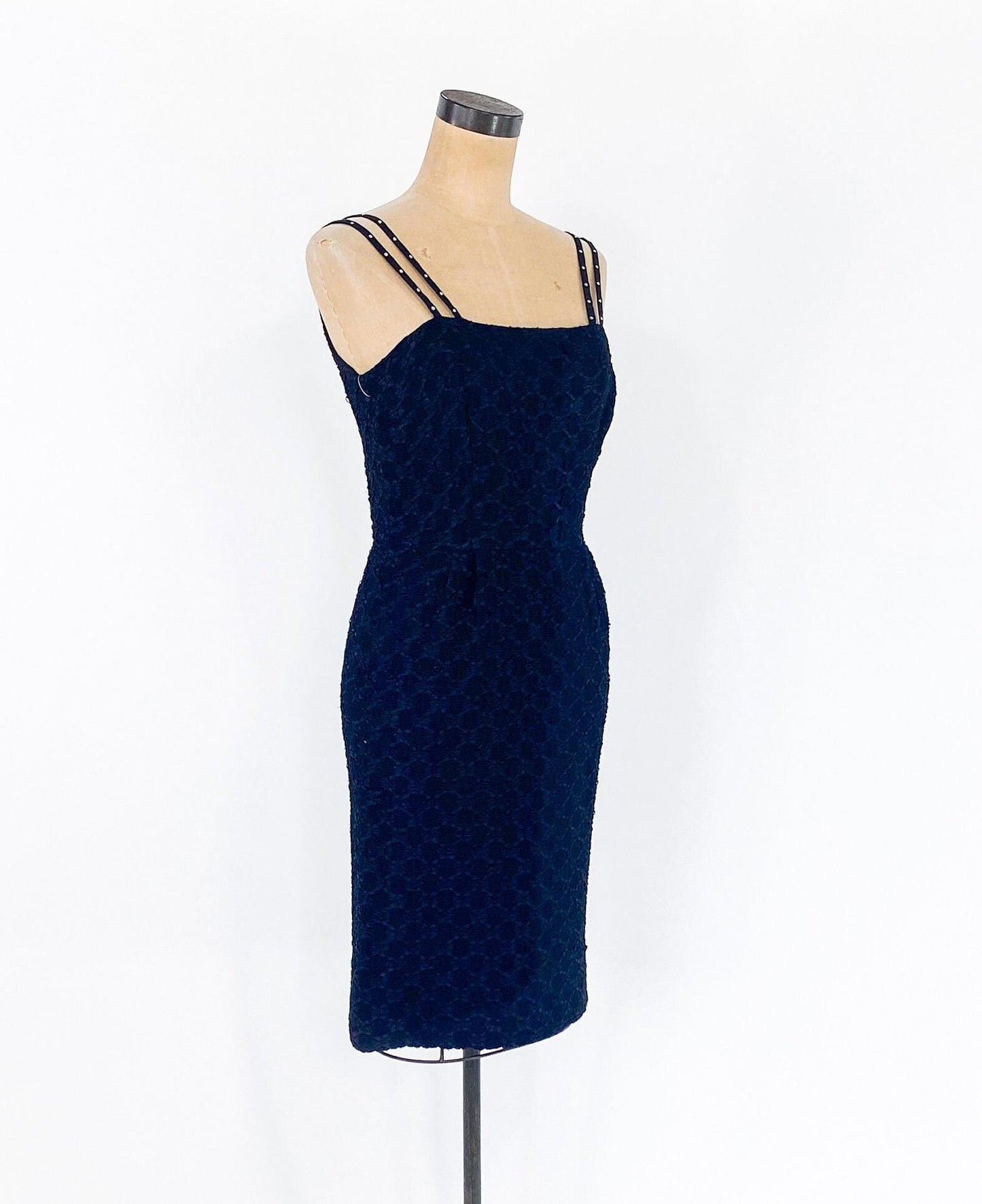 1950s Black Ribbon Lace Party Dress | 50s Black Spaghetti Strap Sheath | Black Wiggle Dress | Small