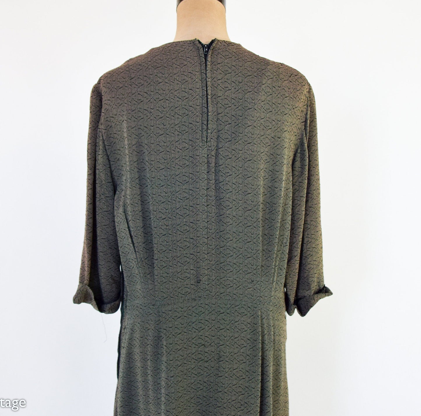 1940s Olive Green Crepe Dress, XXL, 38" Waist
