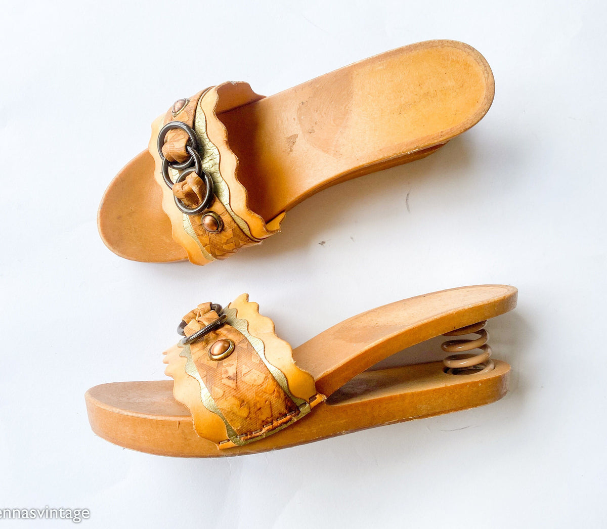 1970s Domo Italy Wooden Sandals Slides with Spring Heel