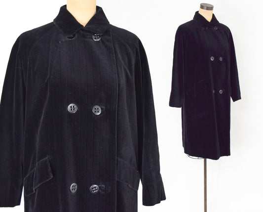 1960s Black Velvet Coat | 60s Black Double Breasted Coat | ROGA Paris | Large