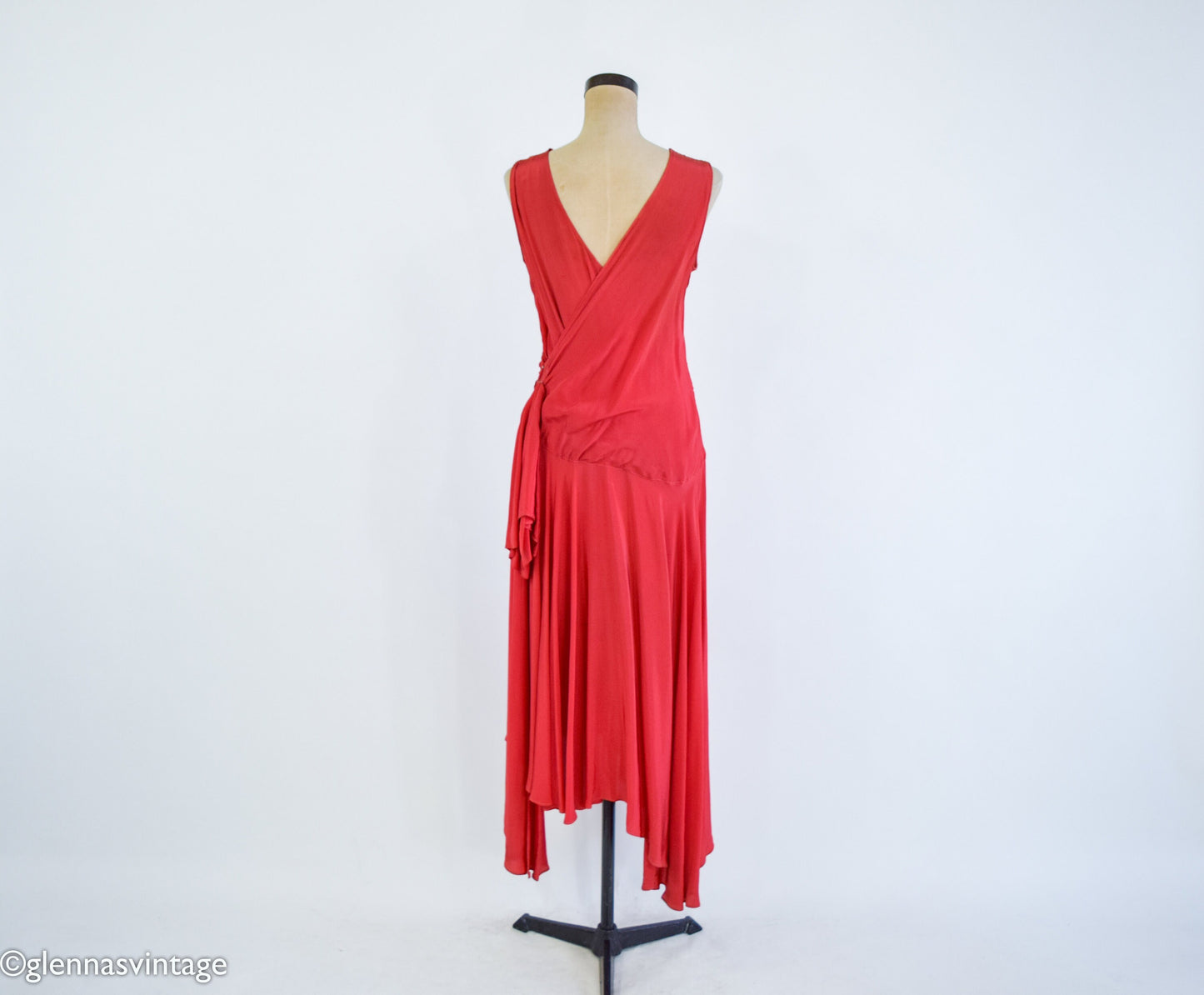 1930s Red Silk Crepe Evening Dress, Gatsby Party Gown, Small