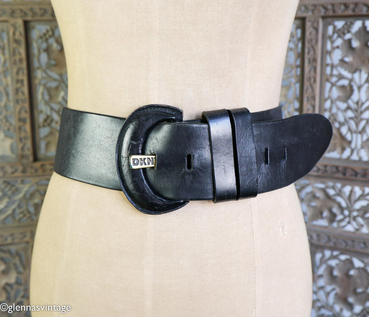 1980s Black Wide Leather Belt, DKNY, Medium