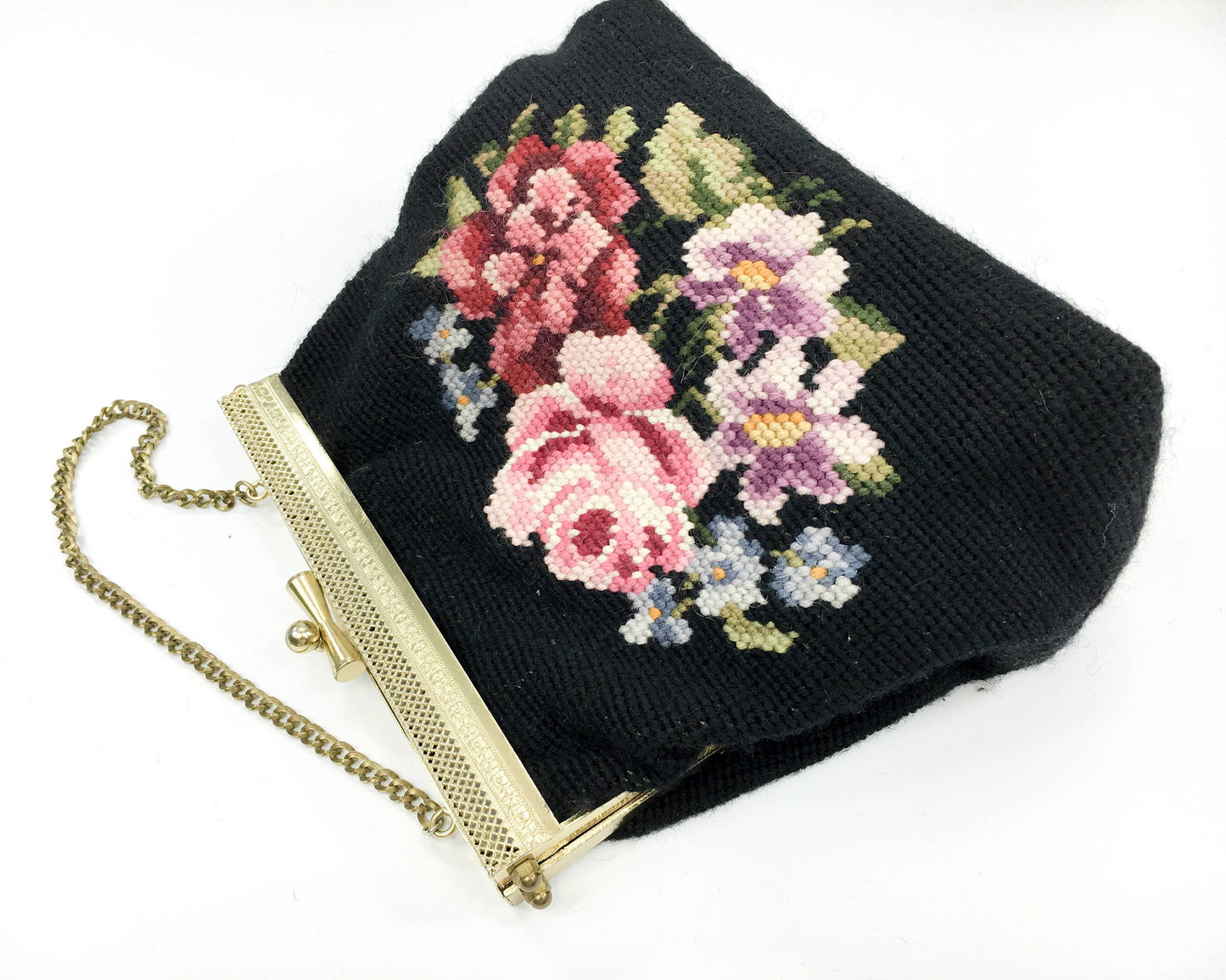 1950s Black Needlepoint Purse | 50s Black Floral Needlepoint Handbag | Pink Rose Needlepoint Bag