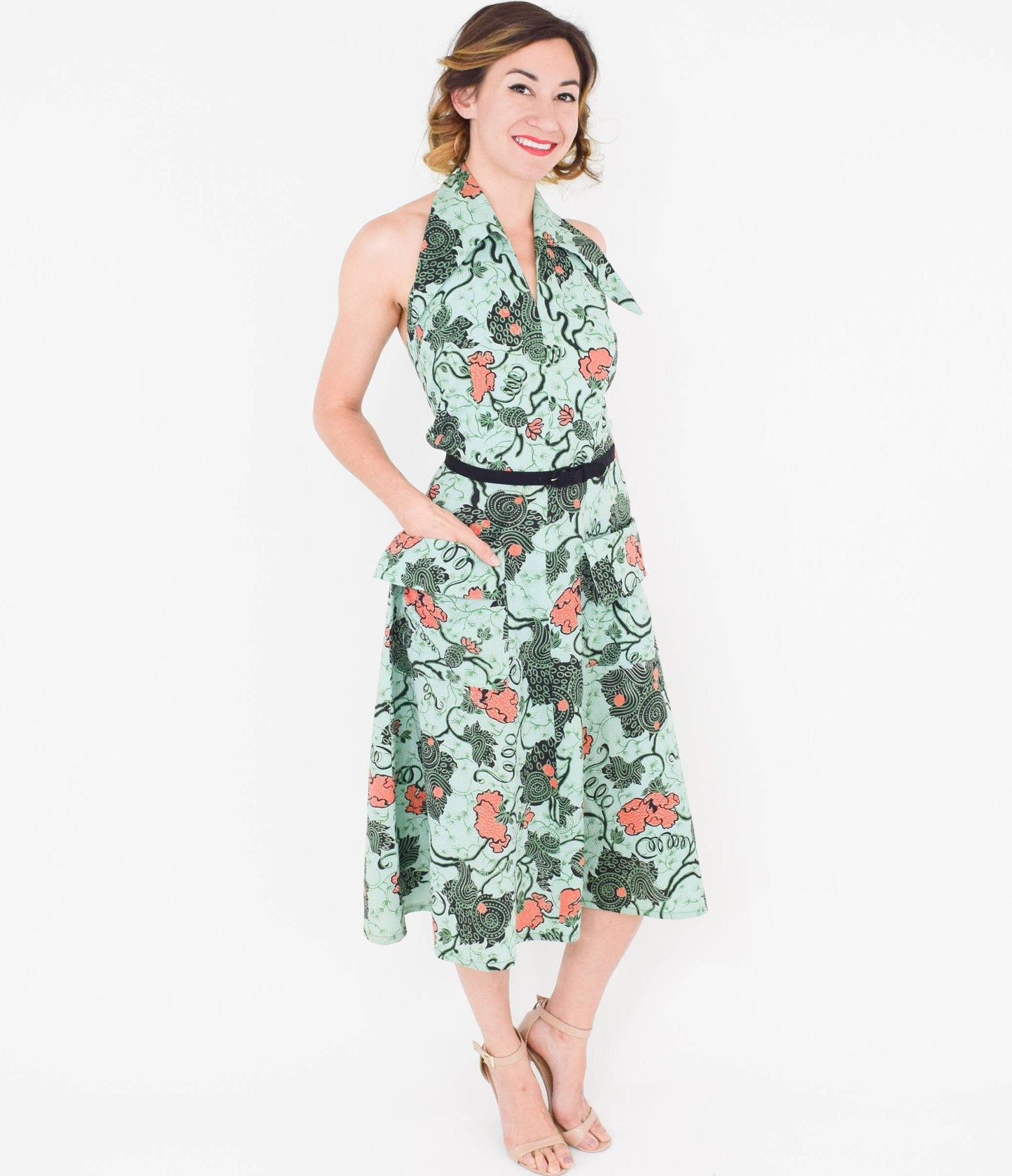 1950s Green Floral Halter Dress, Small