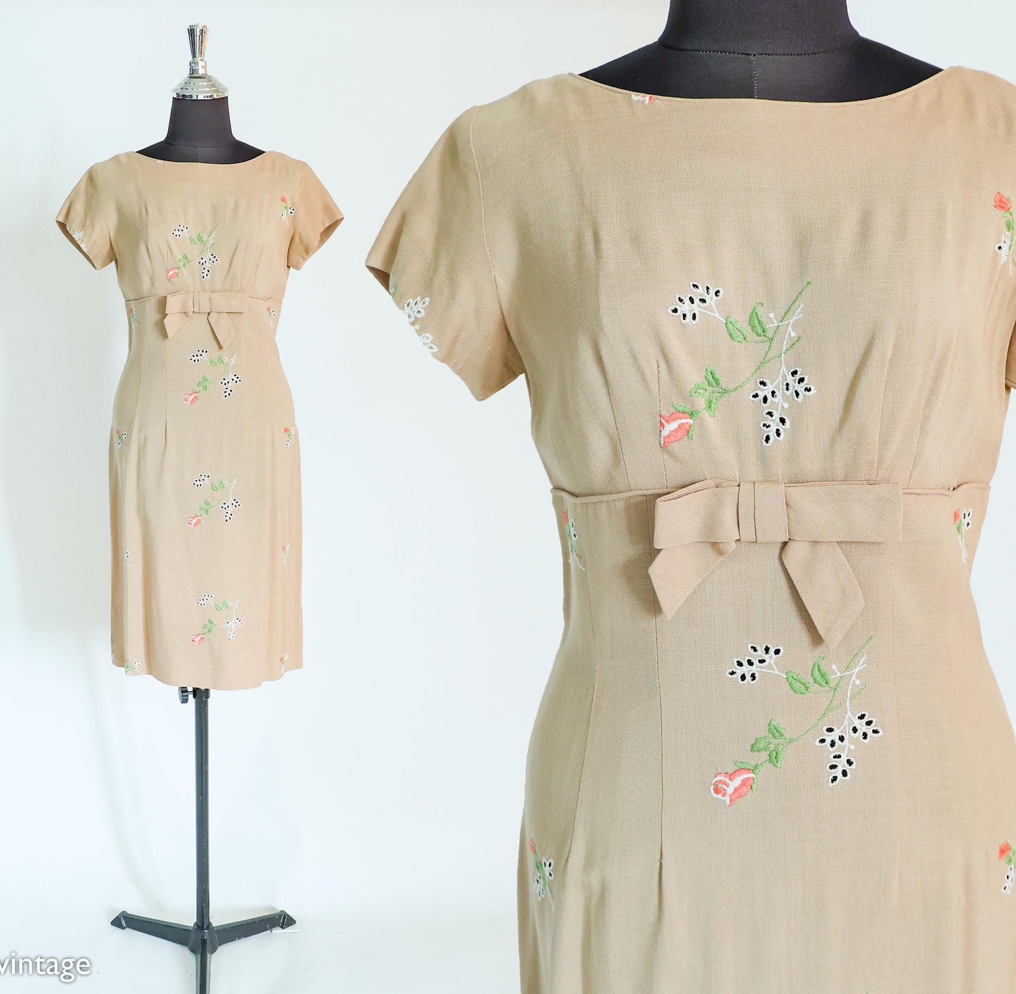 1950s Beige Linen Sheath Dress with Floral Embroidery, Medium