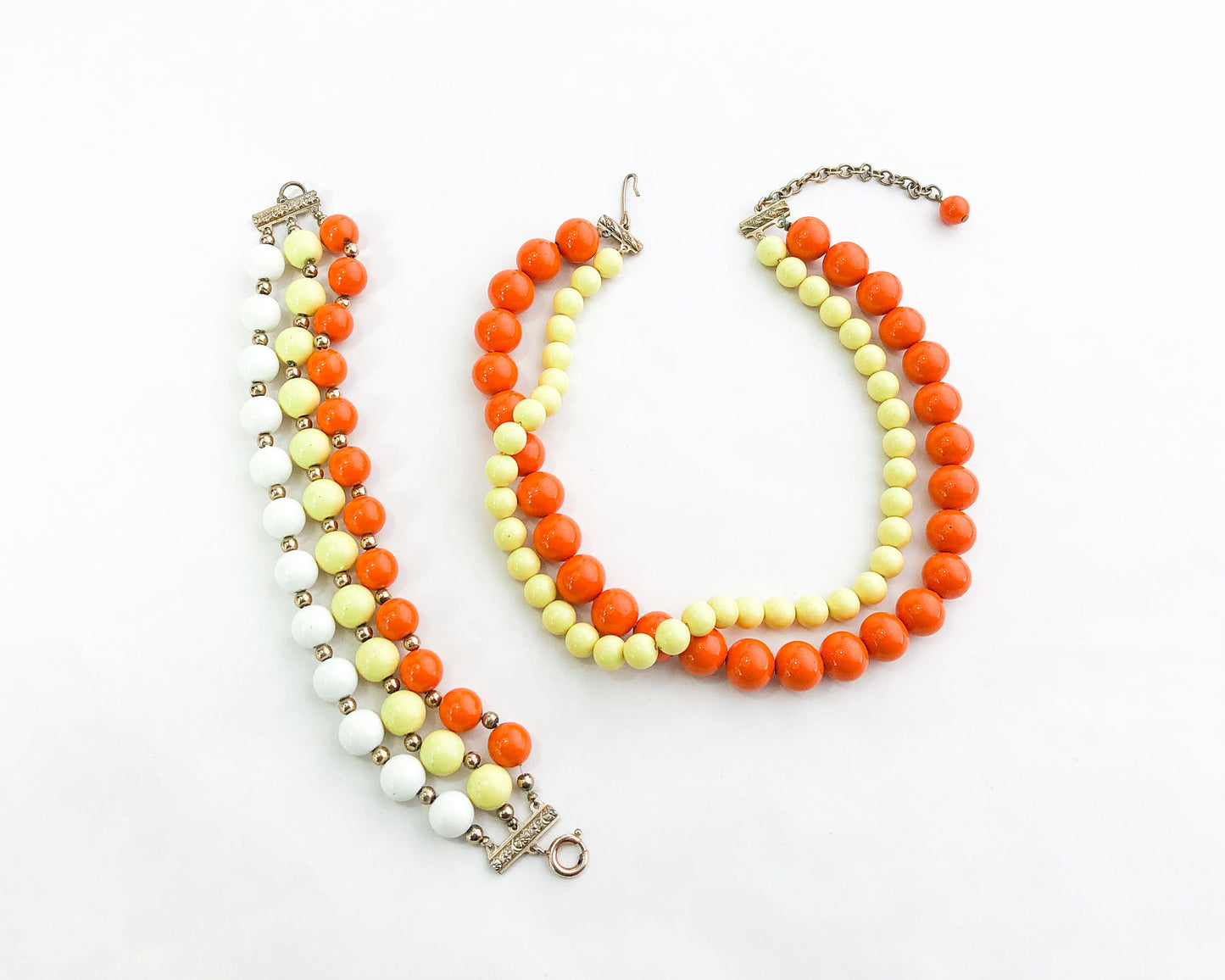 1960s Orange Beaded Necklace Set | 60s Yellow & Orange Plastic Choker Bracelet Set
