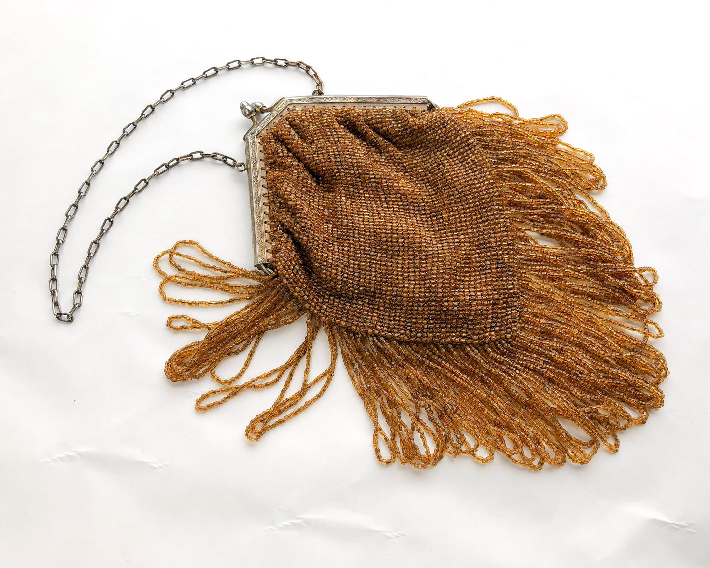 1900s Gold Beaded Evening Handbag | Gold  Loop Fringe Bag