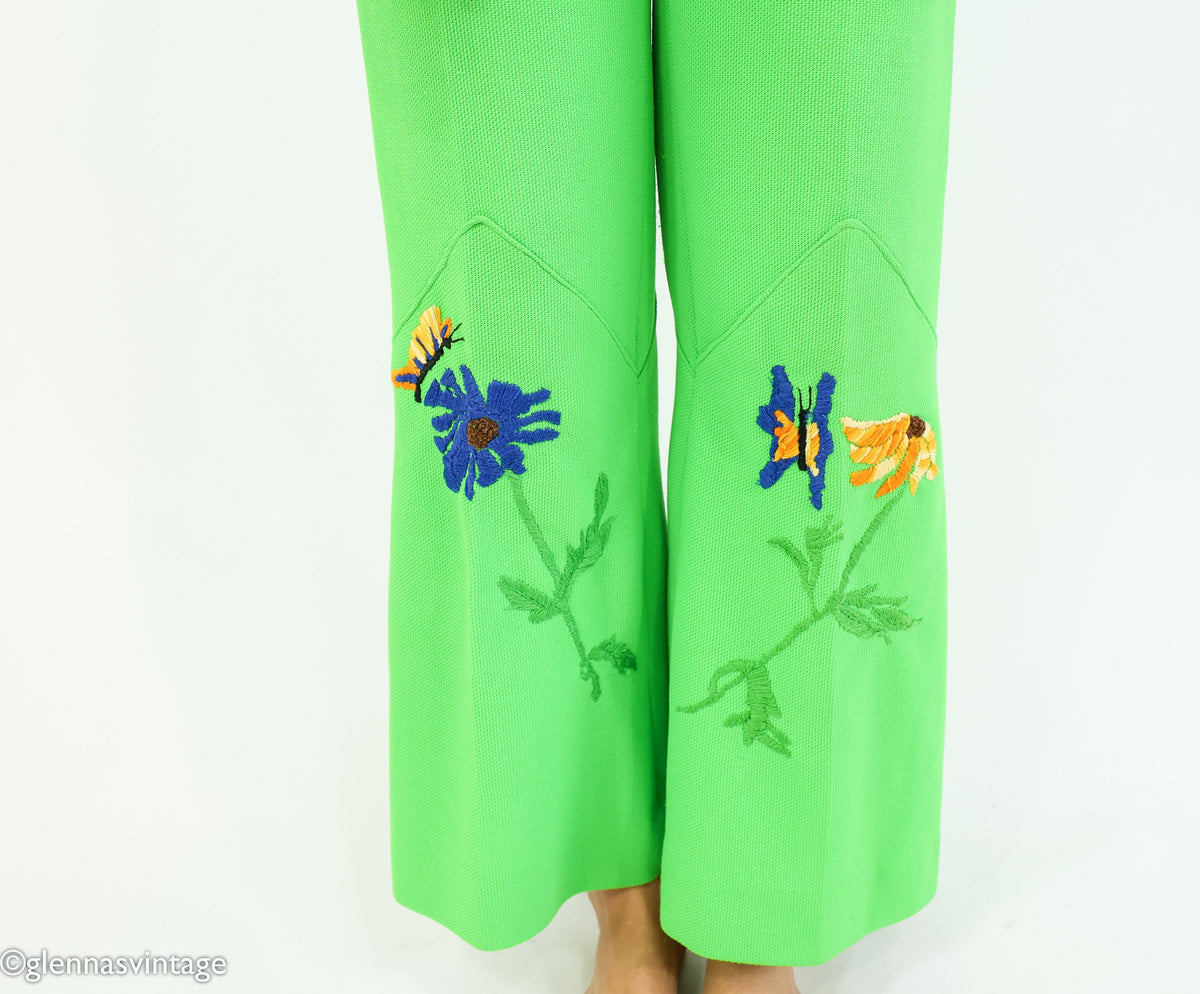 1970s Bright Green Polyester Pantsuit, Top & Pants Set, Small