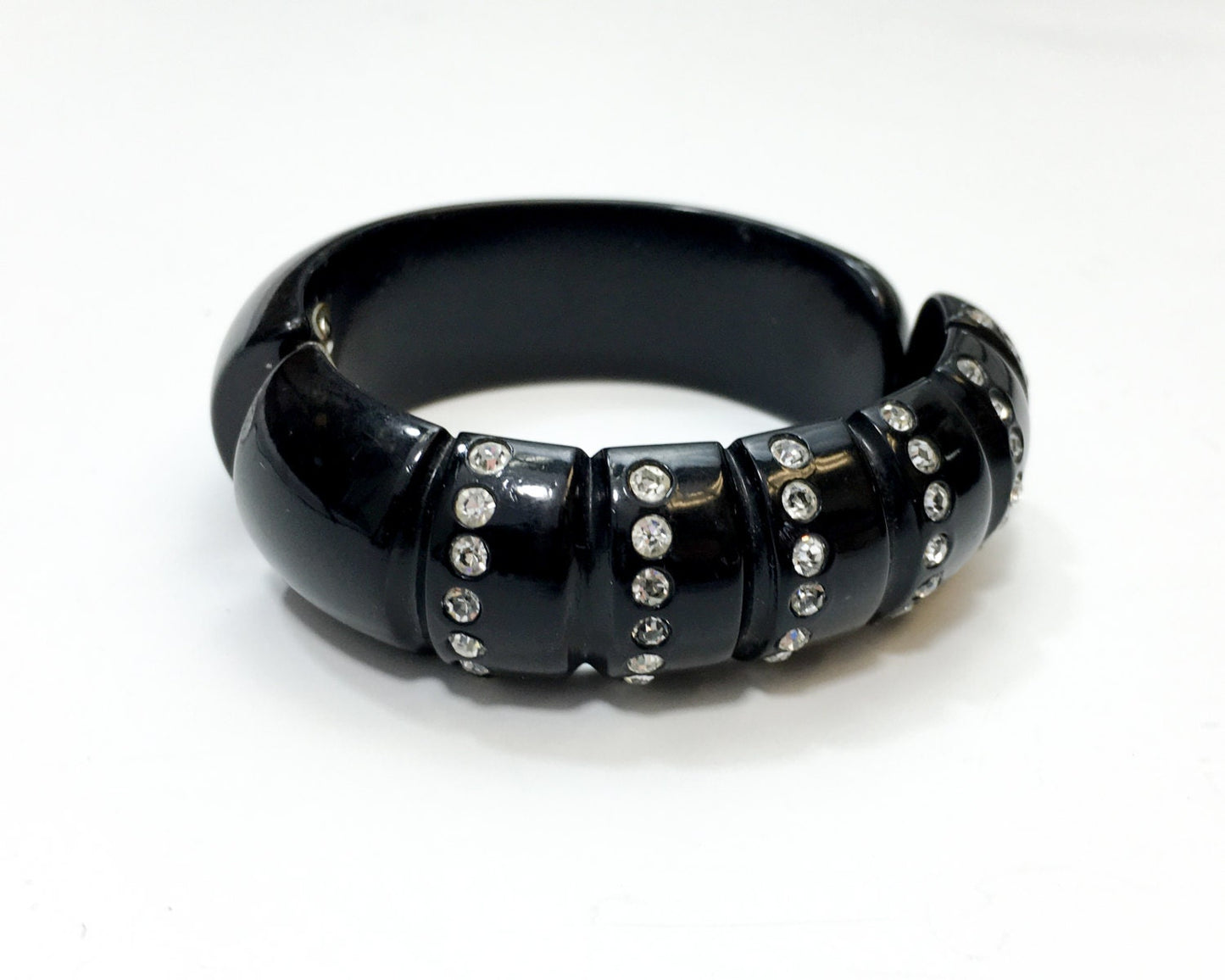 1950s Black Clamper Bracelet | 50s Black Lucite & Rhinestone Bracelet