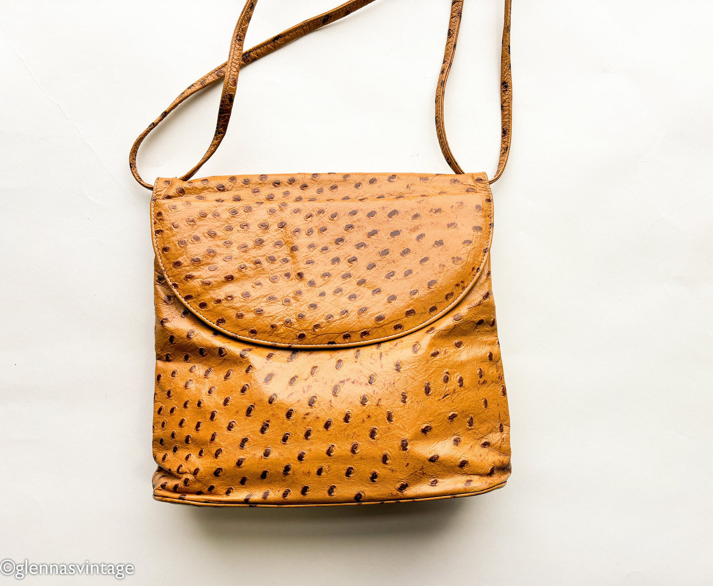 1980s Ostrich Embossed Leather Shoulder Bag | 80s Ostrich Carmel Leather Purse